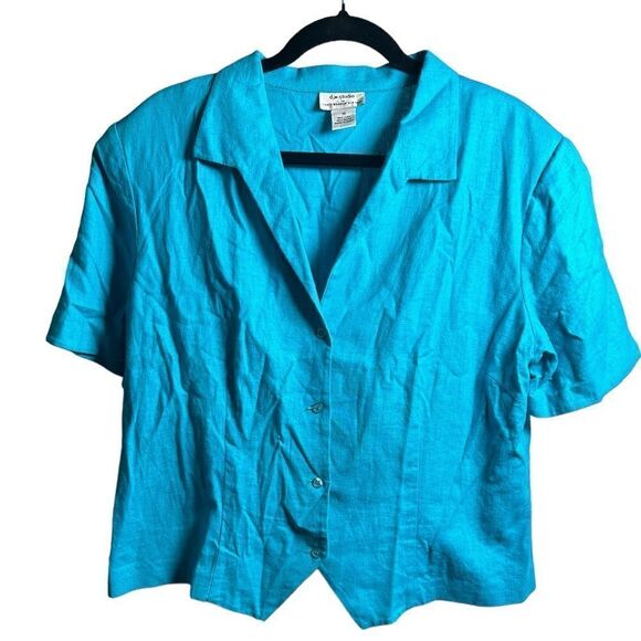Vintage D.W. Studio 90s Plus Size Teal Button Down Collard Blouse Top - Size 16 - Picture 2 of 5